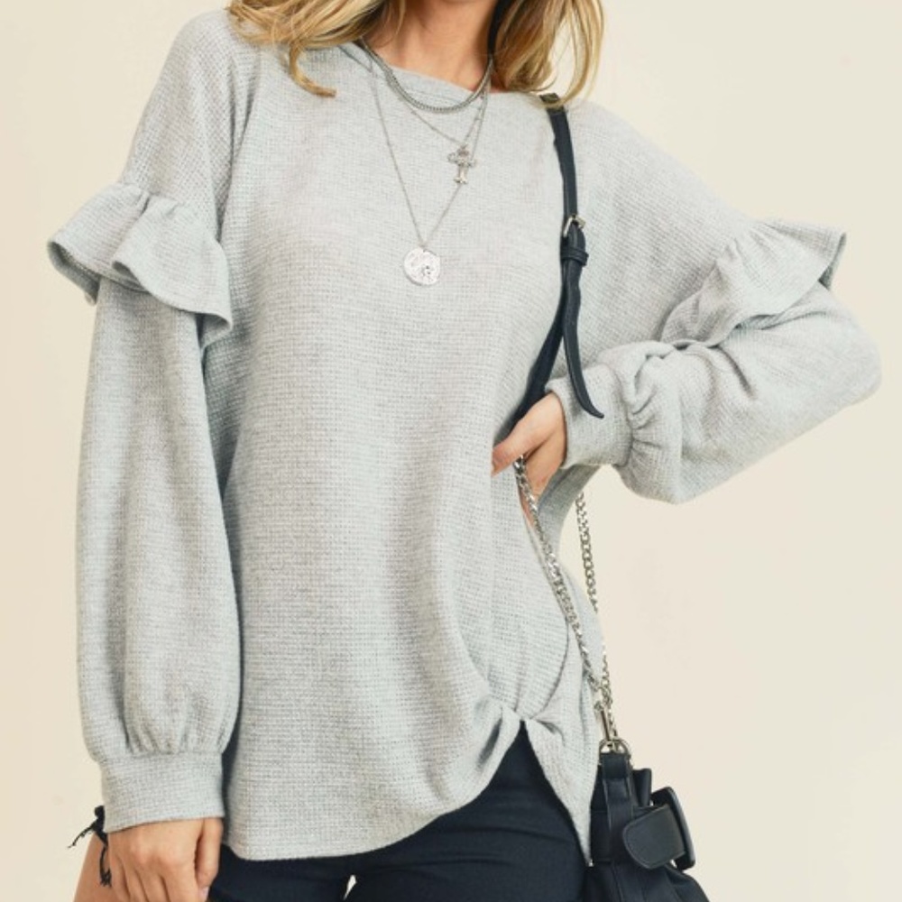 Gray frilled sleeves sweater